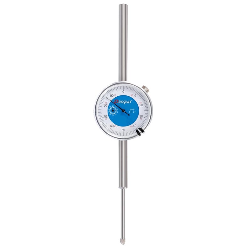 Dasqua Dial Indicator 0-2″ | DIN 878 Compliant Lug Back Gauge, 0.001″ Graduation, Surface Flatness & Axial Runout, Limit Clips Included, No Jeweled Bearing - Image 1